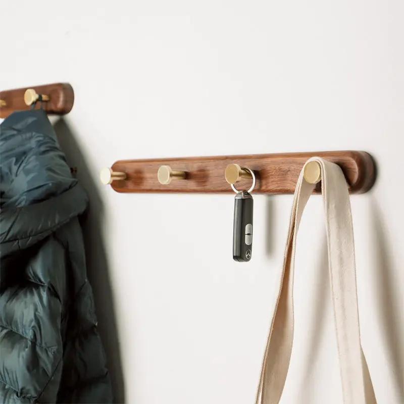 1pc Solid Wood Brass Coat Hook, Black Walnut Wood Coat Hanger, Clothing Hooks,Wall Mounted Storage Rack Drilling Installation