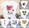 Womens White Short Sleeved Tshirt  Sunflower Bicycle Printed Casual Summer Fashion Tshirt with Rose Heart Pattern Top