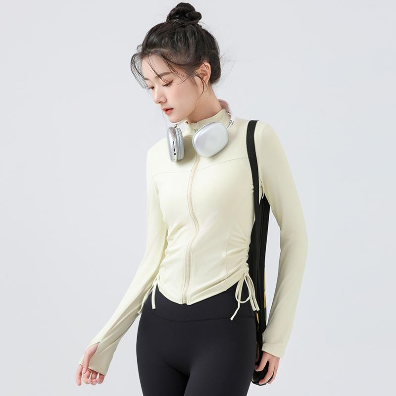 Cross-border Europe, America, autumn and winter new yoga long-sleeved women s stand-up collar slim-fit yoga top, running sports zipper yoga clothes S молочный белый