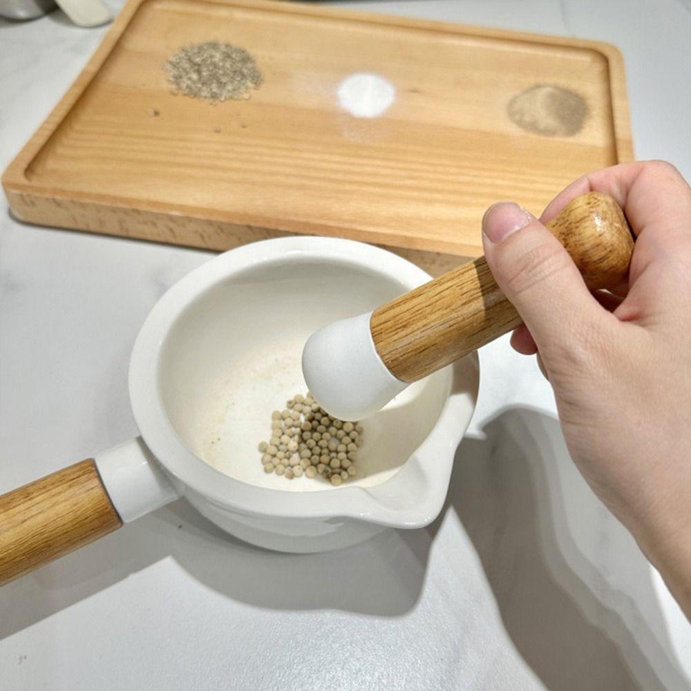 Efficient Grinding Hand-held Mashing Jar with Wood Handle Pottery Grinding Bowl  Household