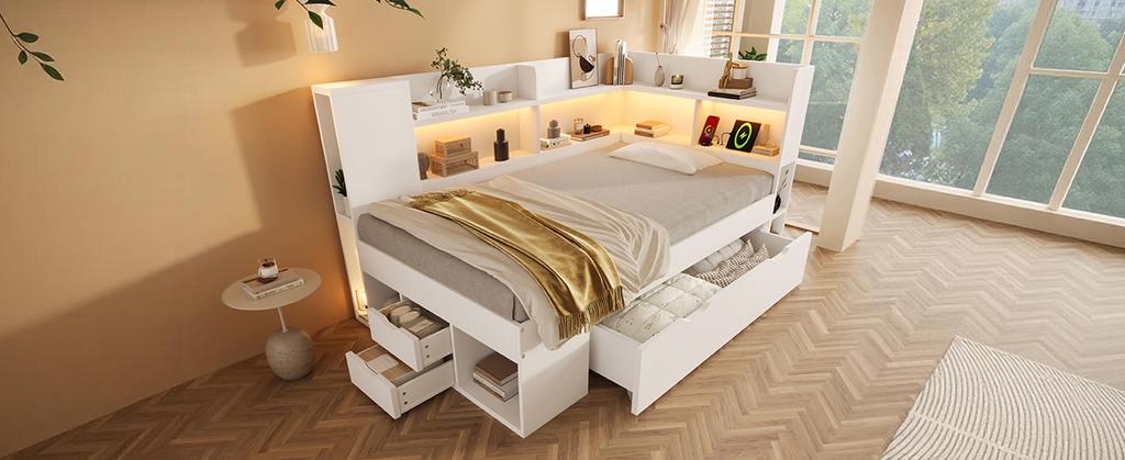 Daybed 90x200 cm White Single Youth Bed, Wood-Based, LED Lighting, USB & Type-C Charging, Shelves & Drawers, incl. Slatted Frame (With Mattress)