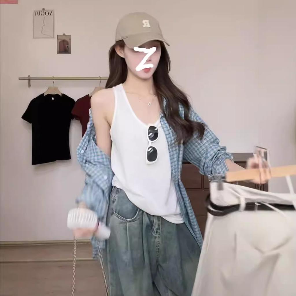 Star Zhang Ruonan Sunscreen Shirt Women's Spring Temperament Lazy Large Size Blue Plaid Shirt Long Sleeves