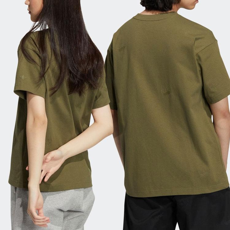 Adidas Originals Trefoil Logo Print Solid Color Crew Neck Short Sleeve T-Shirt Unisex Tops Dark-Olive-Green HS1915