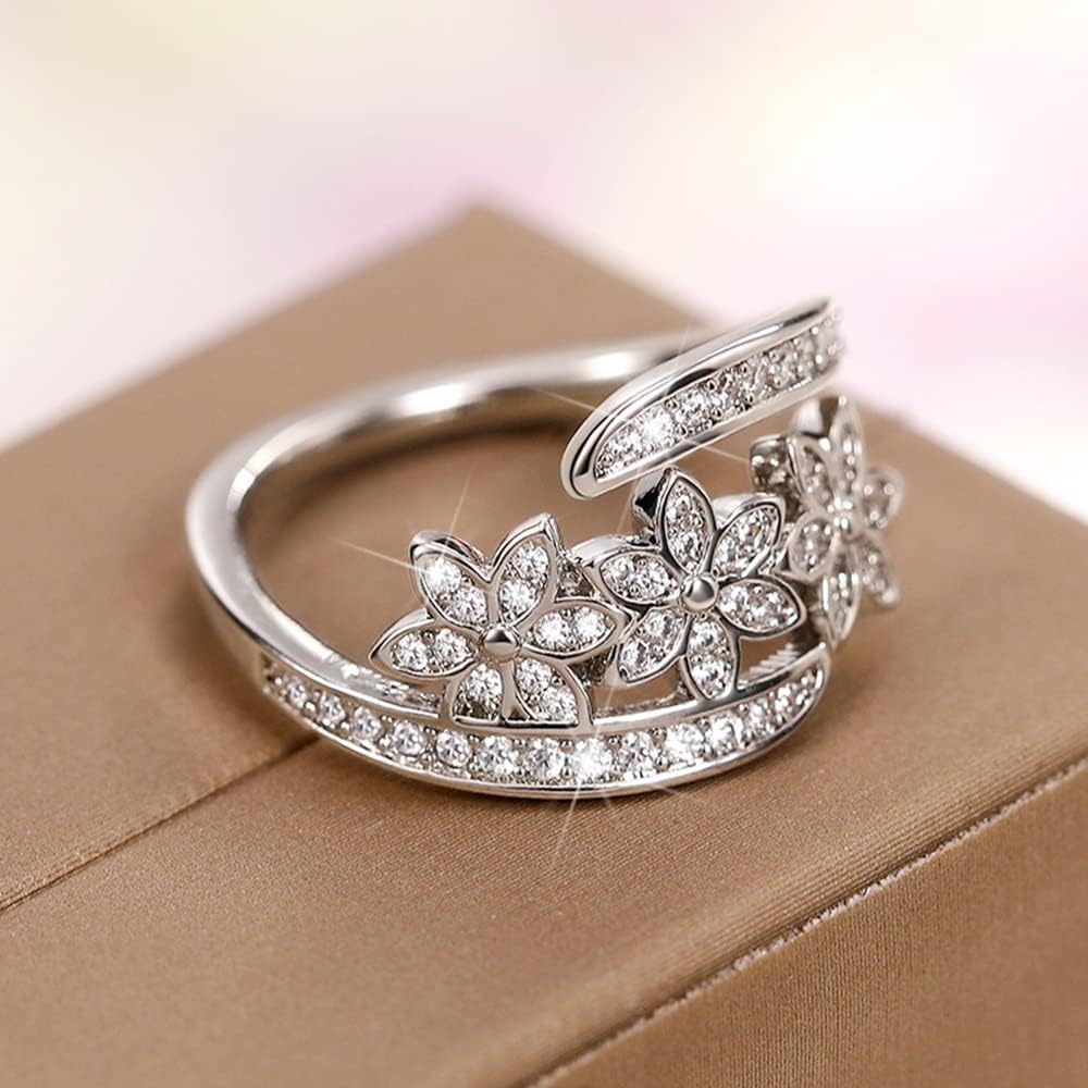 Opening 925 Sterling Silver Niche Design Flower Ring Female Ring for Women Silver Full CZ Statement Ring Cubic Zirconia Open Flower Cocktail Rings