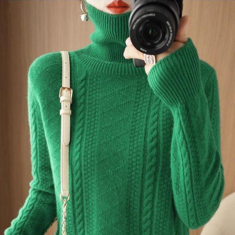 Dámský luxusní svetr s vysokým límcem Podzimní a zimní volný zesílený pletený základní kousek s krátkým rukávem a spadlým límcem