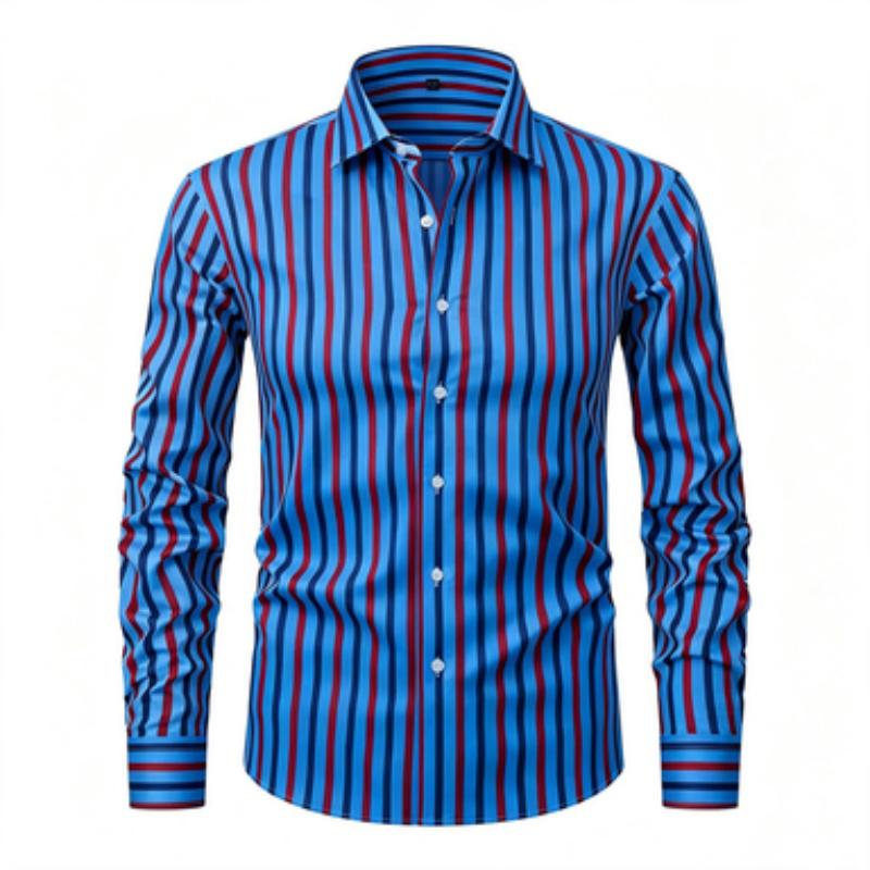 Men's Long Sleeved Shirt, Simple Men's Vertical Stripe Printed Long Sleeved Shirt, Vertical Line Lapel Shirt, European and Ameri