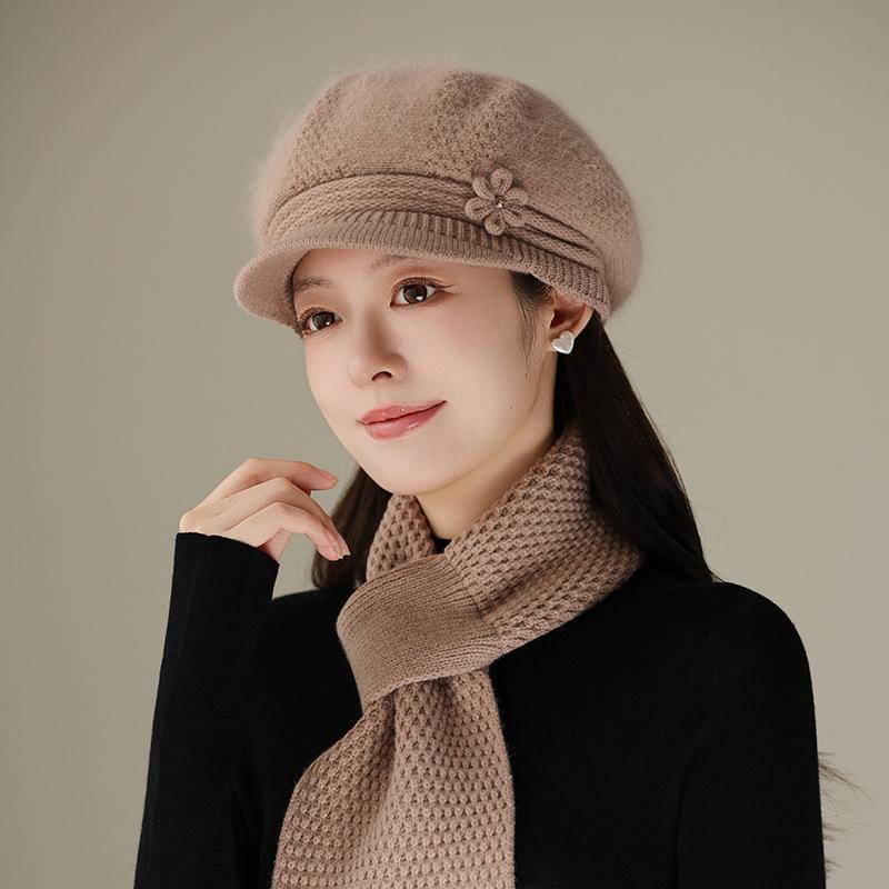 Hat Women's Autumn and Winter Knitted Hat Warm Beret Wool Hat Fashion Fleece Thickened Ear Hat Rabbit Fur Hat