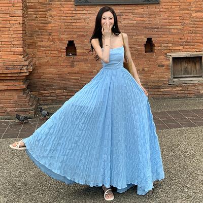Super Fairy Design Sense Summer Waves Blue Pure Desire Vacation Backless Waist Thin Big Skirt Suspender Long Dress