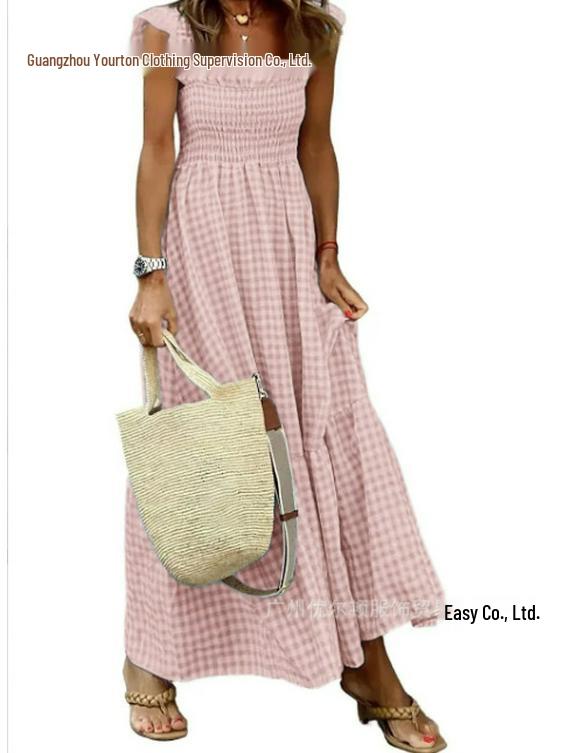 2025 Summer Women's Patchwork Plaid Spaghetti Strap Swing Dress