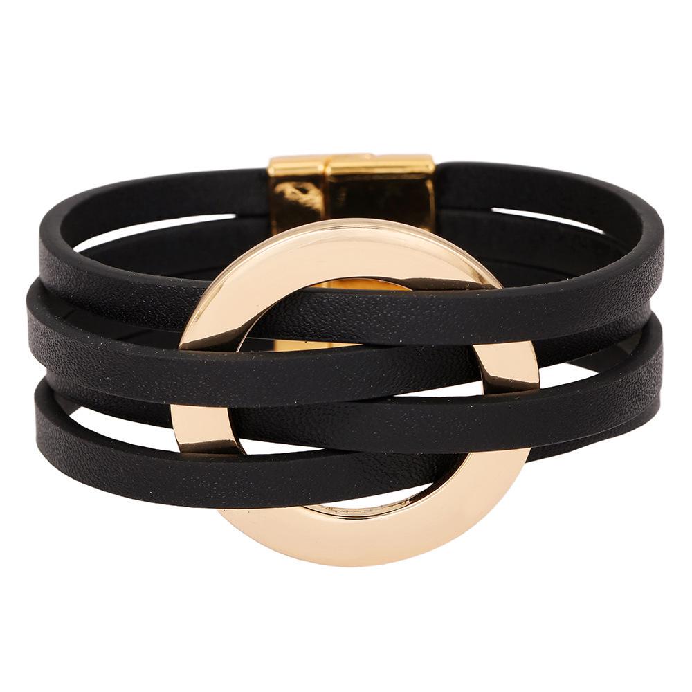 

Женский многослойный кожаный браслет в европейском и американском стиле с большим металлическим манжетным кругом. синий