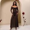 Autumn New European and American Women's Clothing Fashion Temperament Solid Color Pleated Slim-fitting Long-sleeved One-word Shoulder Dress