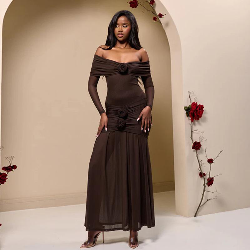 Autumn New European and American Women's Clothing Fashion Temperament Solid Color Pleated Slim-fitting Long-sleeved One-word Shoulder Dress