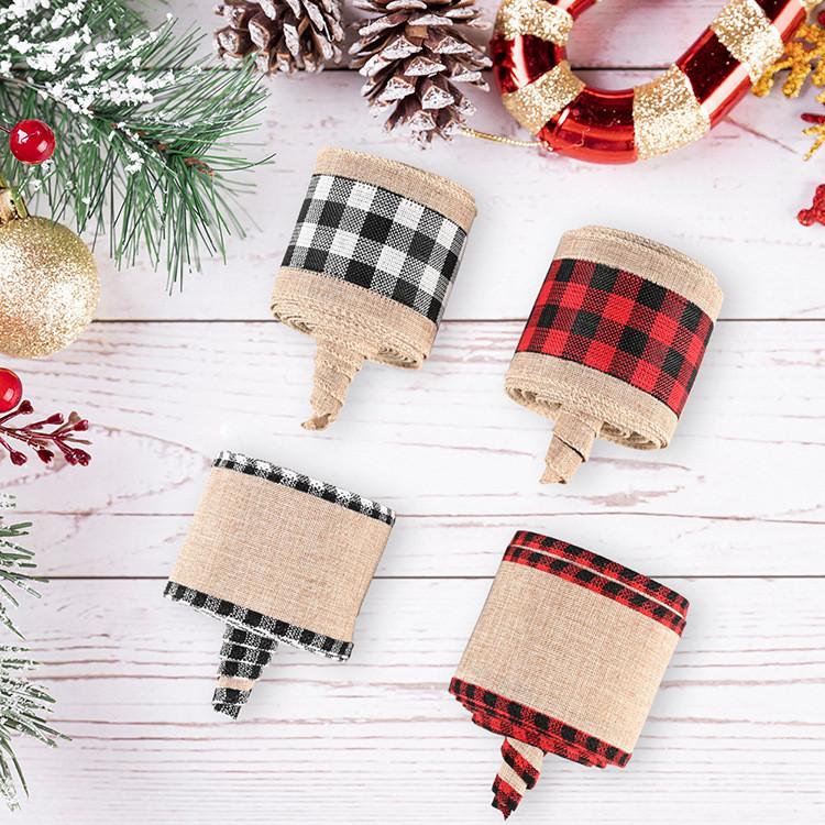 Christmas Holiday Gift Wrapping Ribbon With Red Black Plaid Faux Linen For Festive Decorations