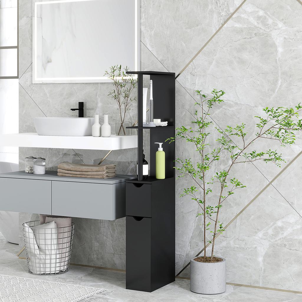 Bathroom Cabinet With 2 Shelves And 2 Cupboards Tall Space Saving Cabinet 15.2x29.8x118 Cm Black