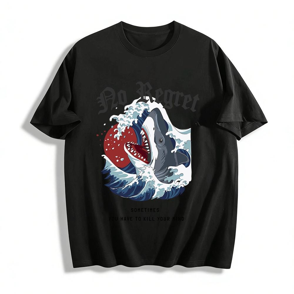 Vintage Wave Shark Print No Regret Statement T-Shirt Pure cotton T-shirt XXS