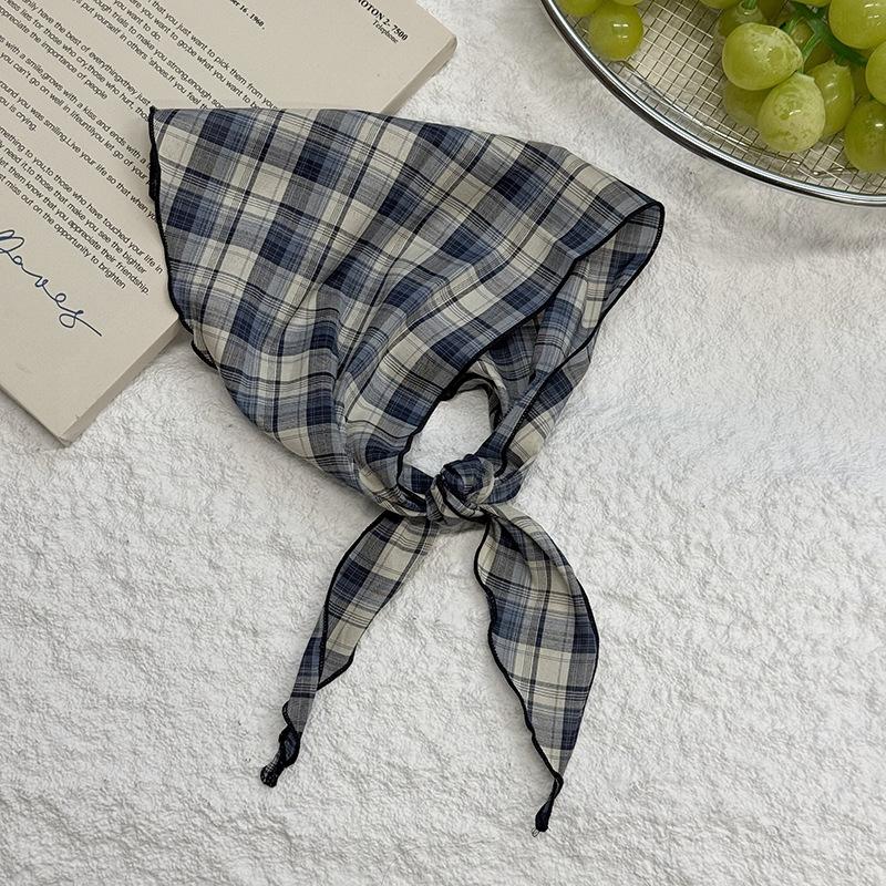 New retro versatile plaid triangle scarf, headscarf, silk scarf for women's light and thin neck protection and waist multi-purpose scarf