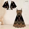 Women Plus Size Black Printed Two Piece Set Batwing Sleeve Cropped Shrug Strappy Flared Dress