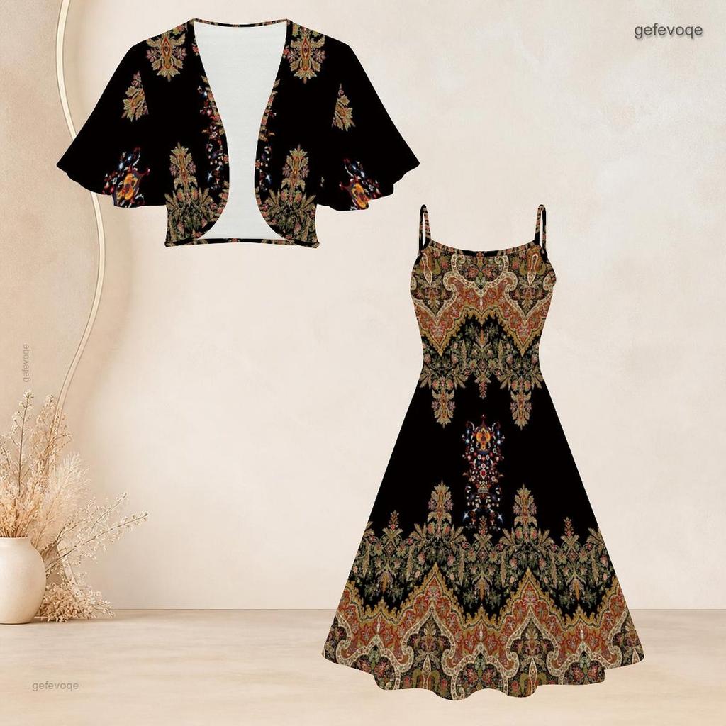 Women Plus Size Black Printed Two Piece Set Batwing Sleeve Cropped Shrug Strappy Flared Dress