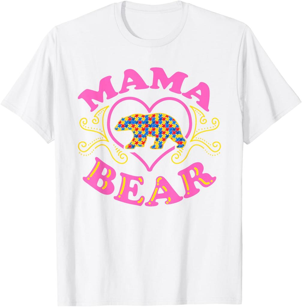 Mama Bear Autism Awareness Puzzle Bear Graphic T-Shirt Casual Short Sleeve Crewneck Tee