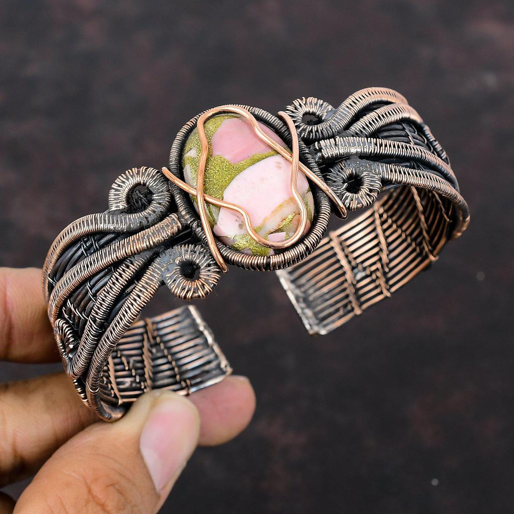 Copper Pink Opal Bangle Copper Wire Wrapped Gemstone Cuff Bracelet Adjustable Bangle Copper Jewelry Gift For Mom Handmade Brand New Bracelet