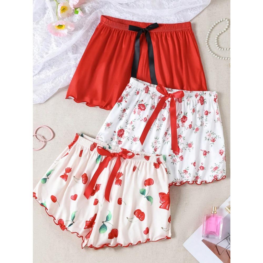 New Style Sleep Pants - Women's Cherry and Strawberry Printed Rolled-edge Short Pants, Comfortable, Relaxed, Casual, Simple Style, Home Wear Pants