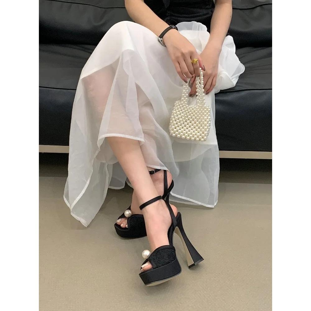 Pesstwei Summer Fashion Peep Toe Women Sandals High Quality Satin Pearl Square Heels Shoes Buckle Strap Zapatos De Mujer