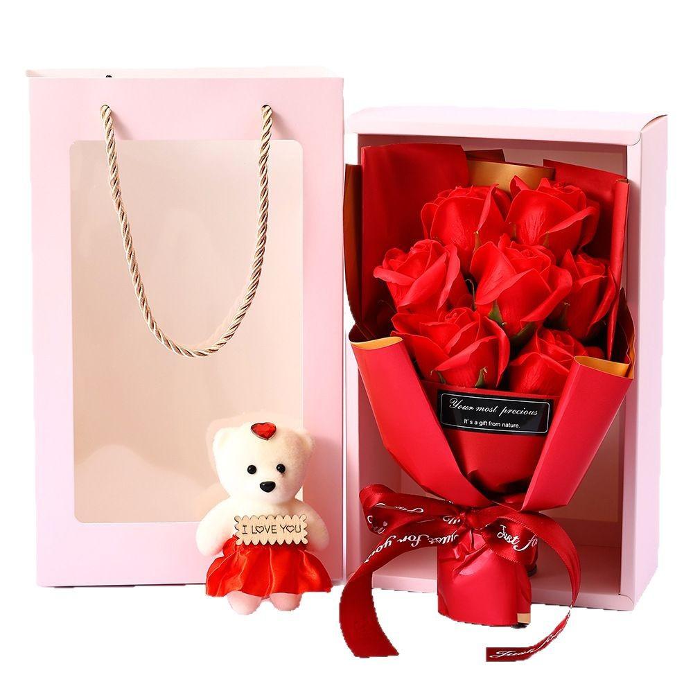 Valentine’s Day Mother’s Day Artificial Soap Rose Bouquet with Teddy Bear Gift Box Romantic Gift for Her Creative Home Decor