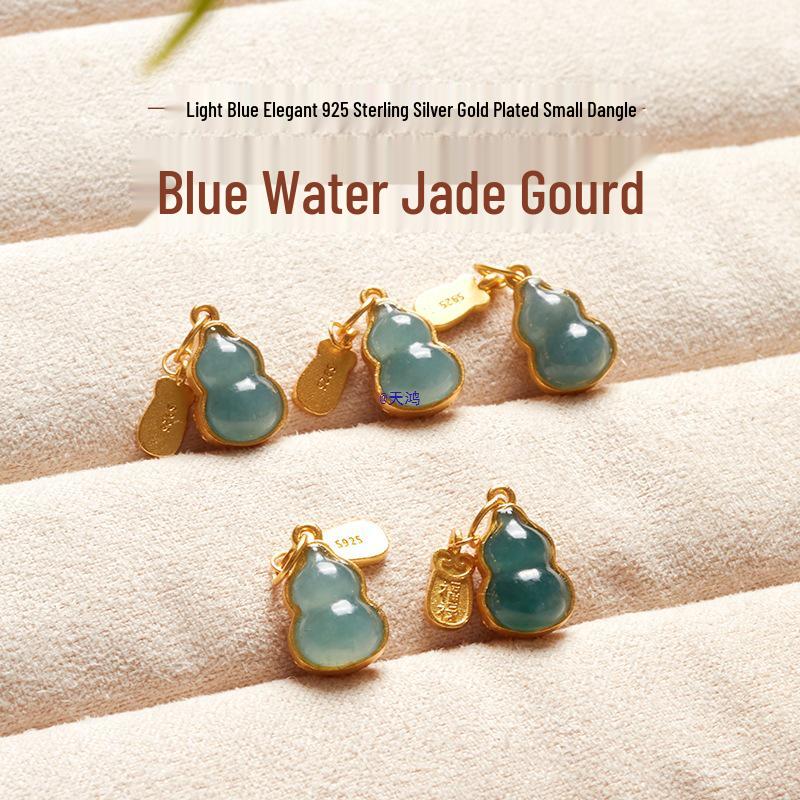 Gold-Plated 925 Silver Blue Jade Gourd Pendant Bracelet Charm