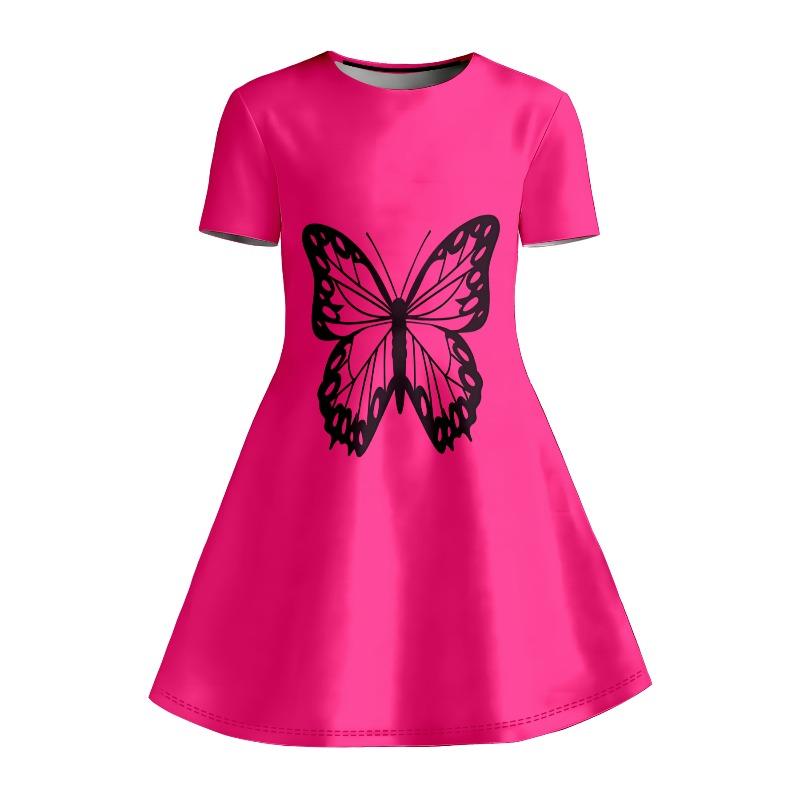 Girl's Pink Butterfly Print Dress Short Sleeved Casual A-line Children's Swing Dress Suitable for Birthdays and Parties