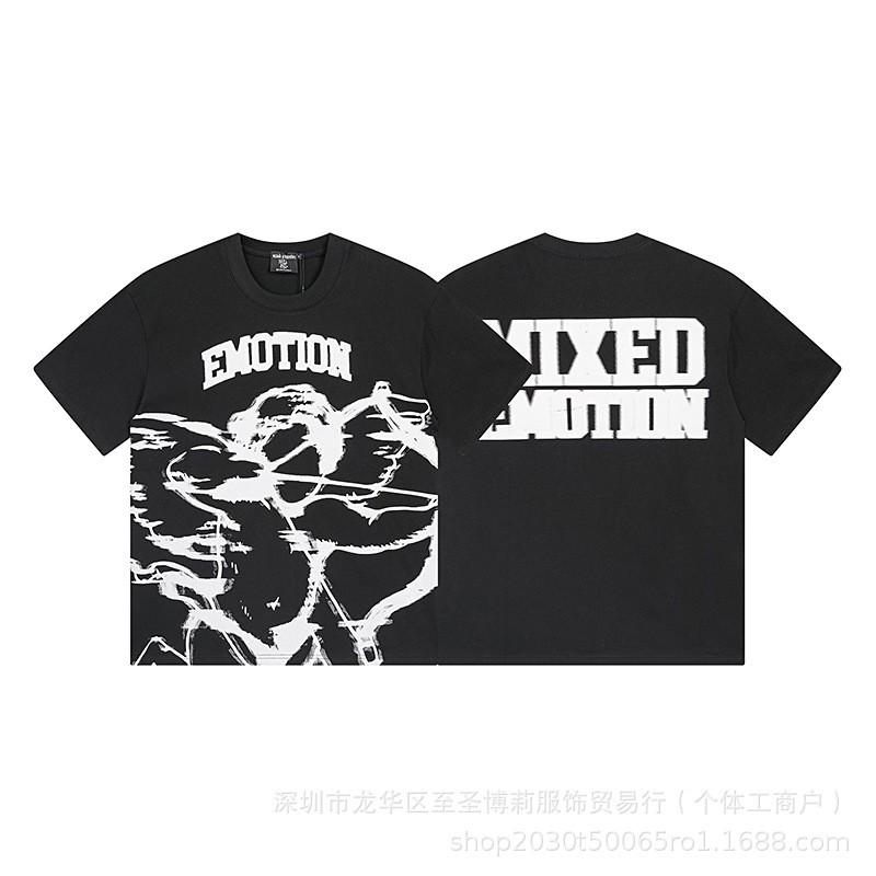 Unisex Vintage American Style Loose Fit Cotton Tee With Embellished Letter Print Round Neck Short Sleeve