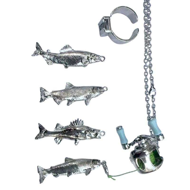 

Detailed Fishing Theme Pendant Necklace Ring Symbolic Reel Interactive Rotation Feature Gift for Fishermen Collectors
