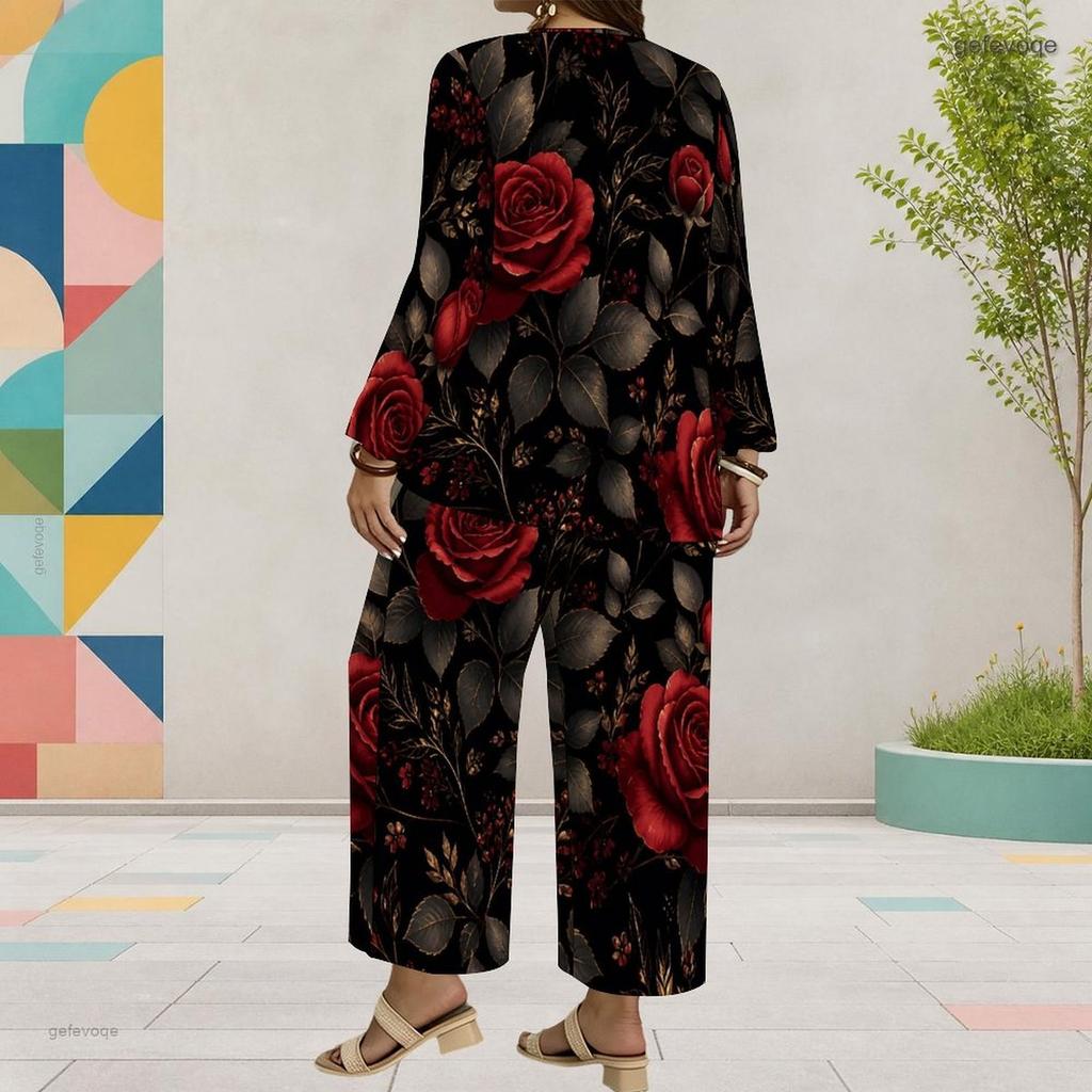 Women Plus Size Floral Printed Round Neck Long Sleeve Layered Top Wide Leg Pants Two Piece Set
