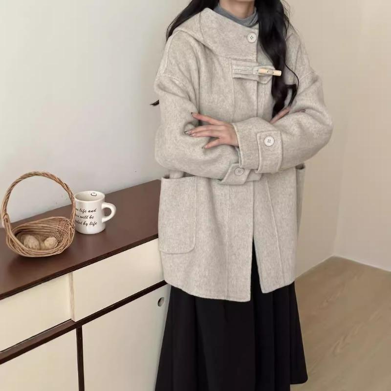 Women's Autumn and Winter New Short Hooded Loose Double-Sided Wool Coat
