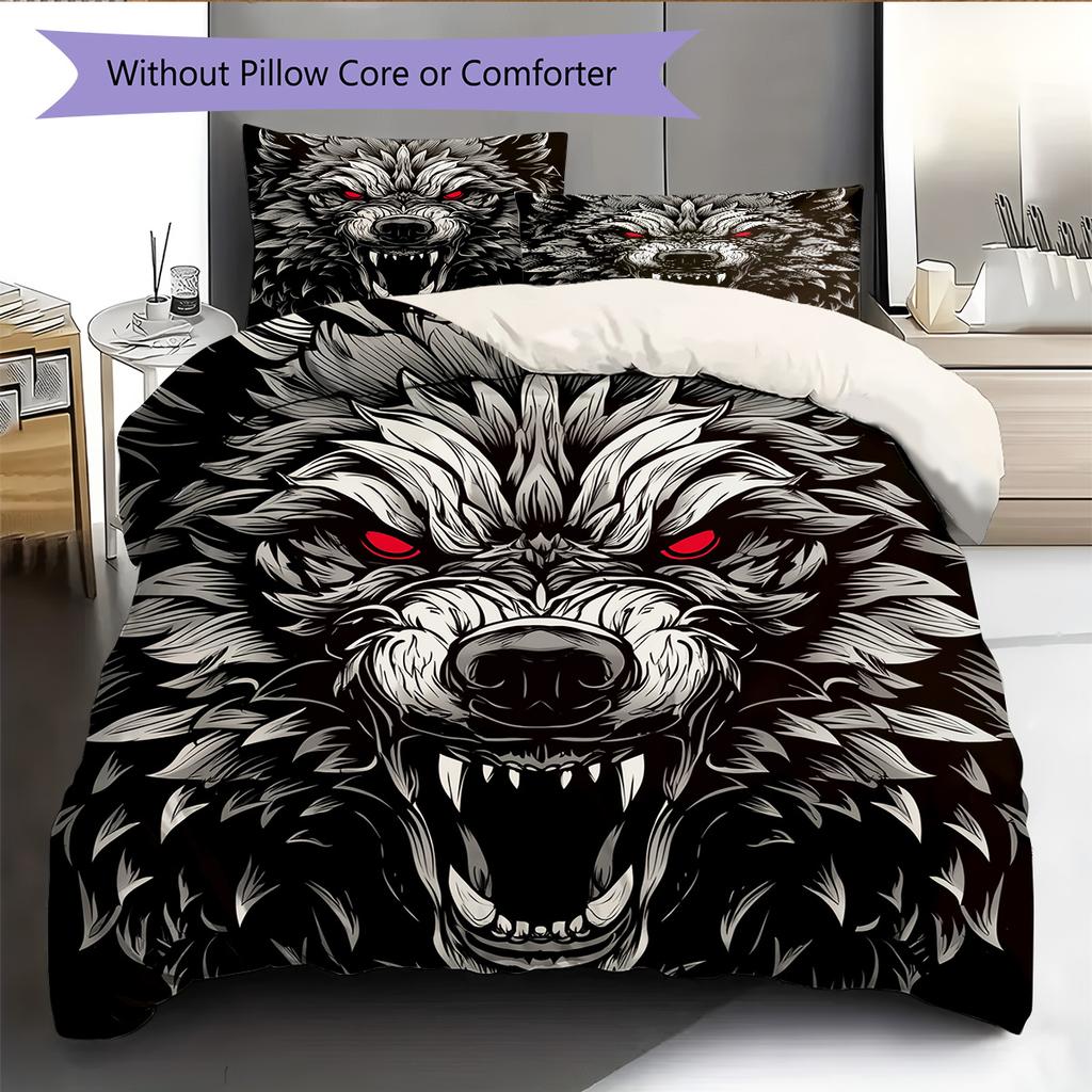 Red-Eyed Wolf  Pattern Bedding Quilt Set Quilt Cover Pillowcase Home Decoration  Gift (1 * Duvet Cover + 2 * Pillowcase, Without Core)