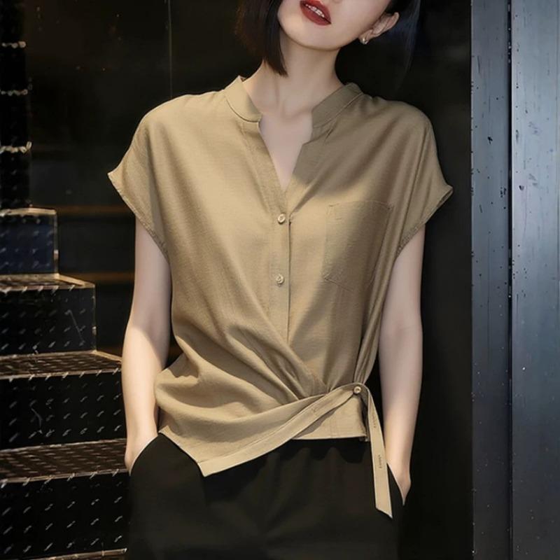 Camel Color Elegant V Neck Short Sleeve Casual Shirt For Women Commute S