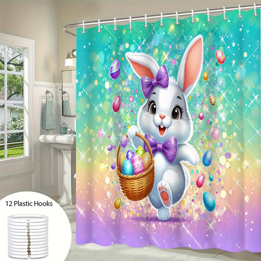 1pc Shower Curtain - Festive Easter Bunny with Colorful Eggs and Sparkles Waterproof