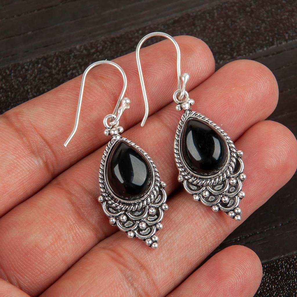 Black Tourmaline Gemstone 925 Sterling Silver Jewelry Earrings1.9" Gift For Wife EE-85-19