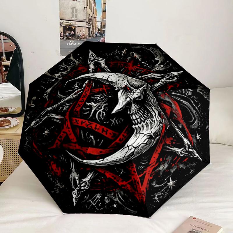 Dark Gothic Moon Skull Umbrella 8-Frame for Travel, Camping, Casual Lightweight Portable Umbrella, Essential for Every Family Holidays Gift