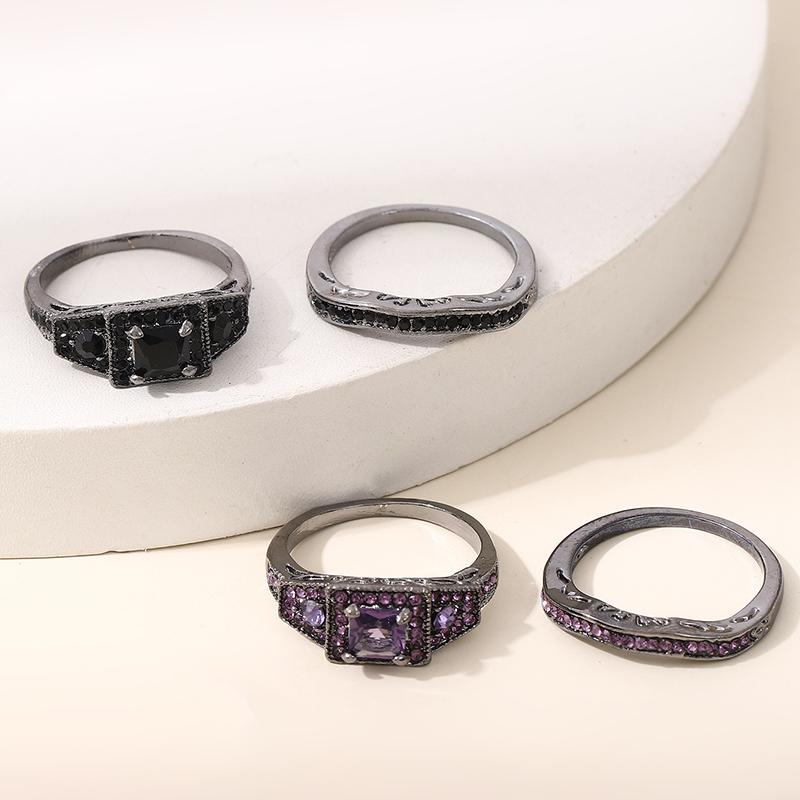 Huajie 2Pcs/set Purple Square Zirconia Retro Shining Women's Rings Full Paved Gothic Style Party Gift  Trend