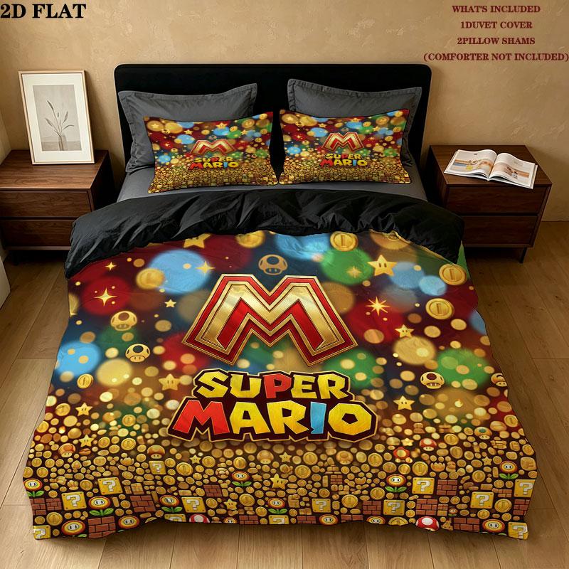 Super Mario Pattern Bedding Quilt Set Quilt Cover Pillowcase Home Birthday Gift(1 * duvet cover + 2 * pillowcase, without core)