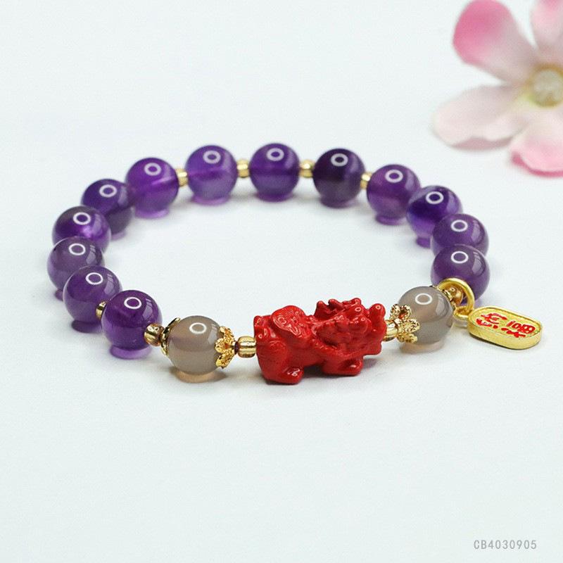 Juan Yu Nine Purple Li Fire Amethyst & Red Sand Pixiu Bracelet
