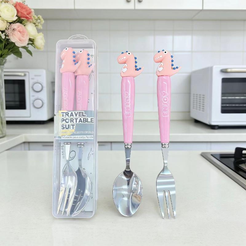 

Children s Dining and Camping Gear, 2 Piece Cartoon Dinosaur Stainless Steel Spoon & Fork Set - Enclosed in a Convenient Box. розовый