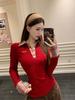 Women's Red Plaid Polo Collar Faux Two-Piece Slim-Fit Top for Autumn/Winter