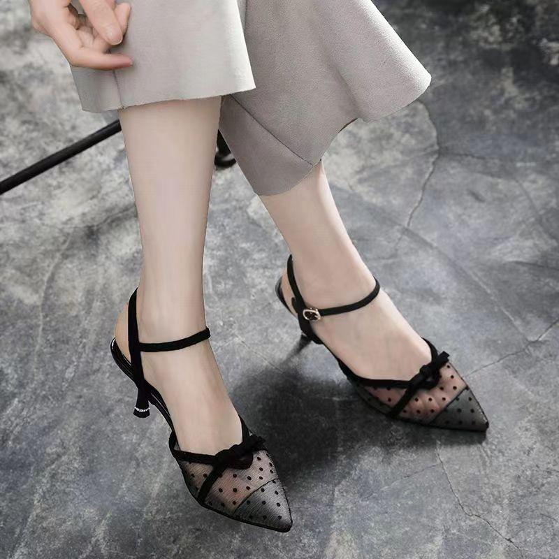 

Мода 2025 Сандалии летние женские с острым носком, туфли с закрытым носком, модные туфли-лодочки на шпильке, с ремешком-слингом 35 чёрный