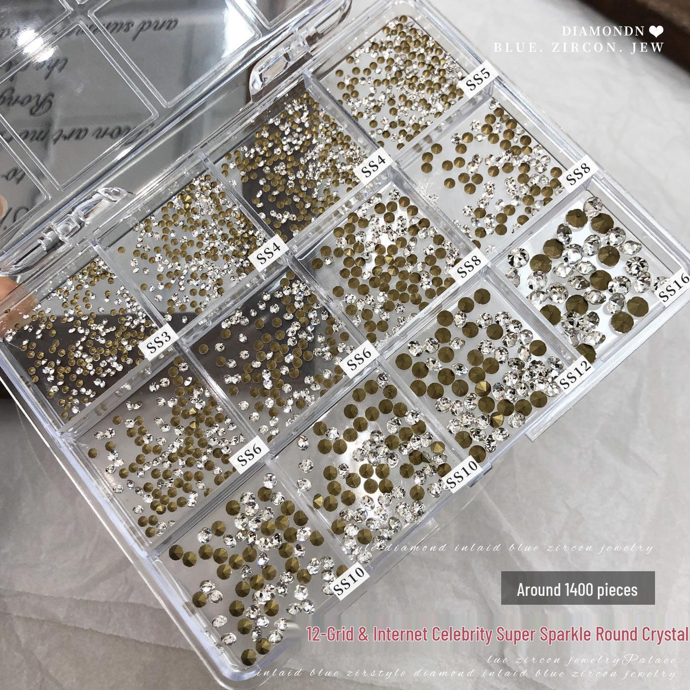 12-Grid Flat-Bottom Rhinestone Nail Art Set: Round & Pointed Translucent Colored Diamonds Accessories.