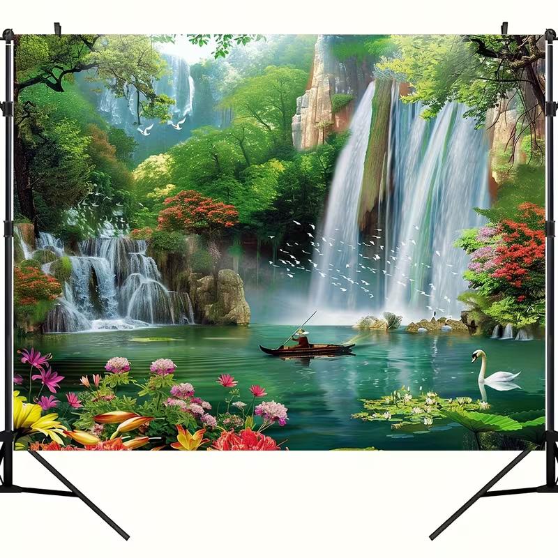 2D Idyllic Forest Waterfall Nature Wall Tapestry, Lake Swan Fishing Boat Flower Bird Bedroom Home Decor