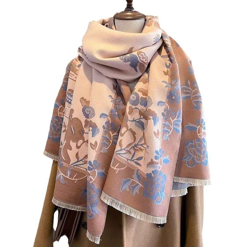 Autumn and Winter Landscape Classic Print Thickened Warm Women's Shawl Imitation Cashmere Skin Friendly Short Fringed Scarf