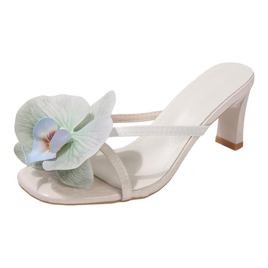 Women'S Square Heeled Openwork High Heels With Floral Patterns Sandals Women Flip Flops Rhinestones Cushioned Sandals For Women