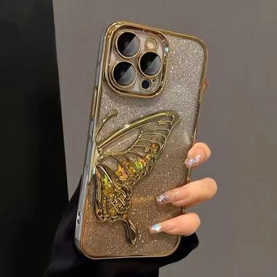 Gradient Glitter Butterfly Quicksand Plating Clear Phone Cases for iPhone 15 11 12 13 14 Pro Max Shockproof Soft Silicone Cover