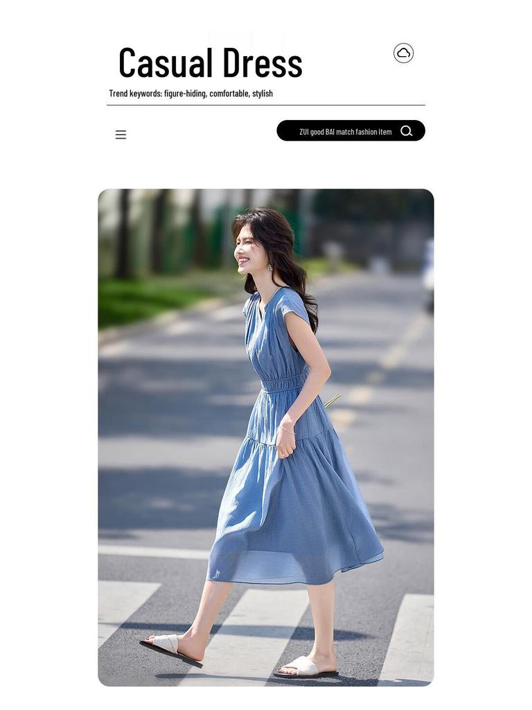 Elegantes Midi-Kleid im französischen Stil aus Tencel mit V-Ausschnitt und A-Linie